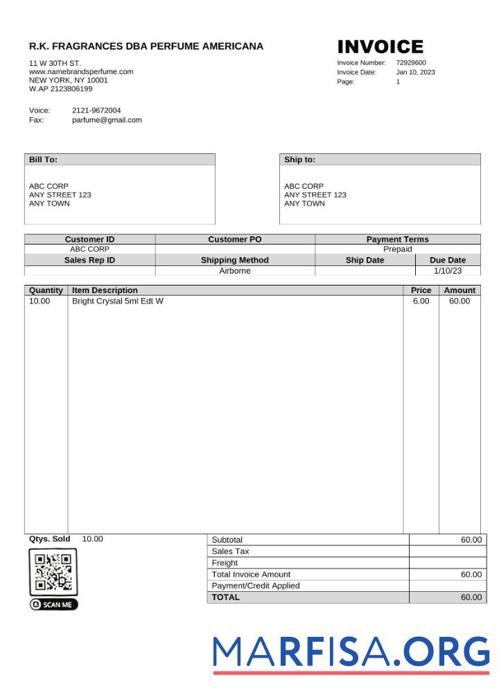 Printable USA R.K. Fragrances DBA Perfume Americana invoice Word and PDF template